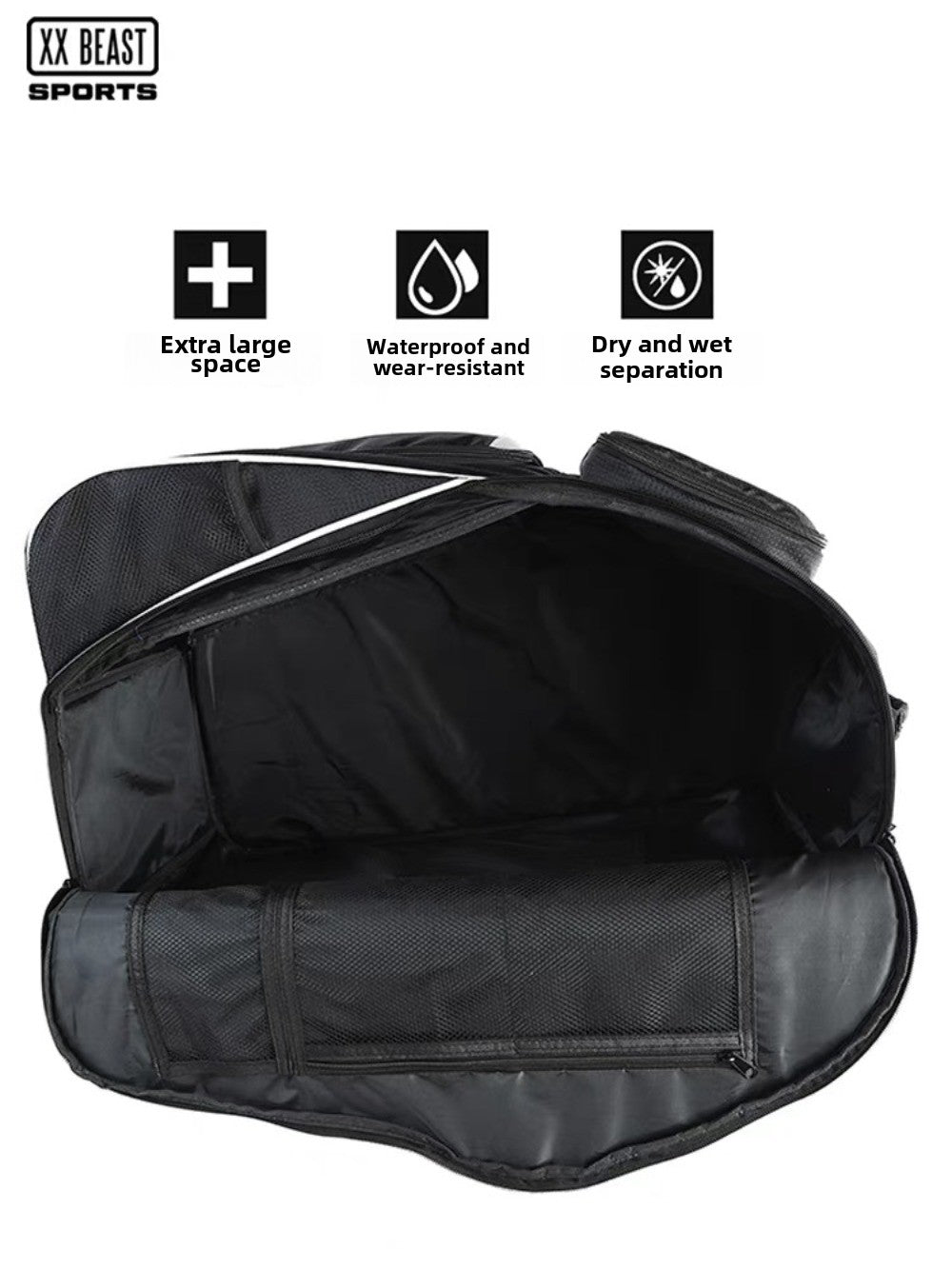 XX Beast Sports Backpack forFlag football, Large Athletic Equipment Bag, Black with White Logo, 24x13.3x12.6 inches